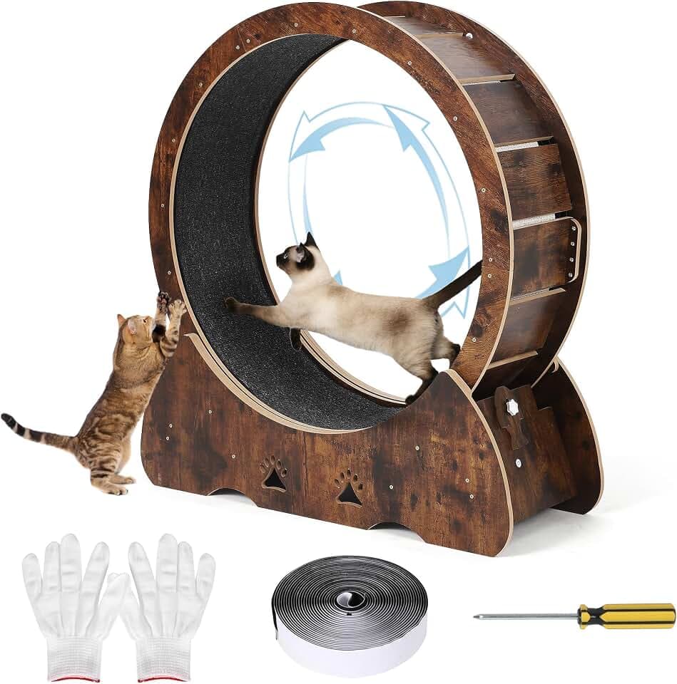 Garvee 35.4" Cat Exercise Wheel, Wooden Cat Running Treadmill with Carpeted Runway for Indoor Cats, Cat Wheels fwith Low Noise Removable Carpet, Kitty Wheel for Kitty Walking Training, Brown