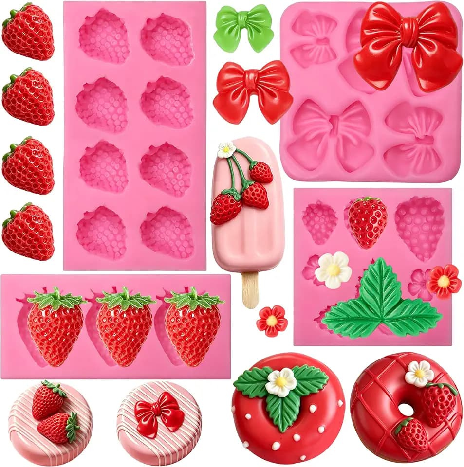 Strawberry Fondant Molds, AIMEIKI 4 Pack 3D Strawberry Silicone Molds Bow Chocolate Molds for Decorating Birthday Cake Candy Chocolate DIY Craft Projects