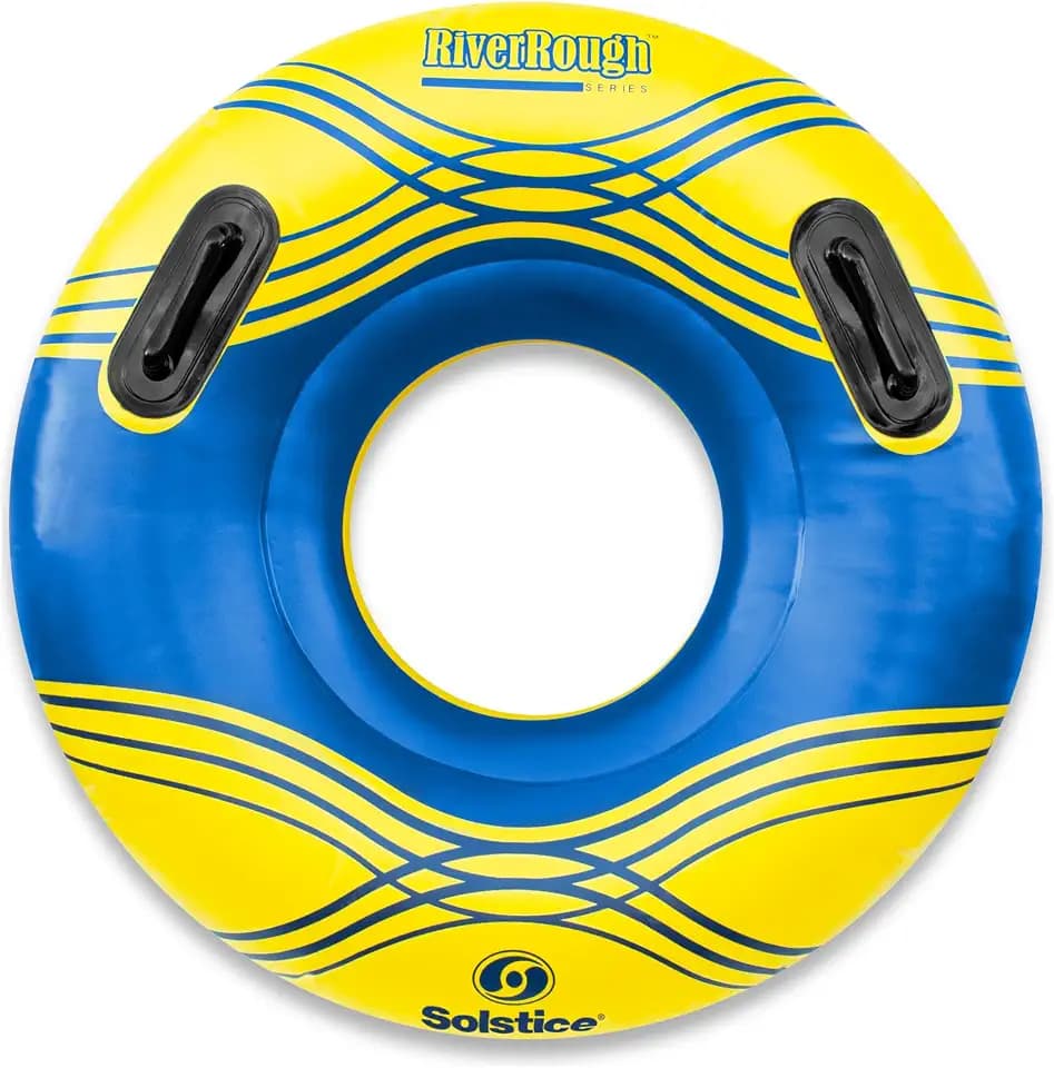 Solstice Inflatable Tube Float – Heavy-Duty Material with Grab Handles for Pool, Lake & River – Compact with Mesh Base, Cupholders, & Rope – Cooler Raft, Yellow, 55" – Super Chill