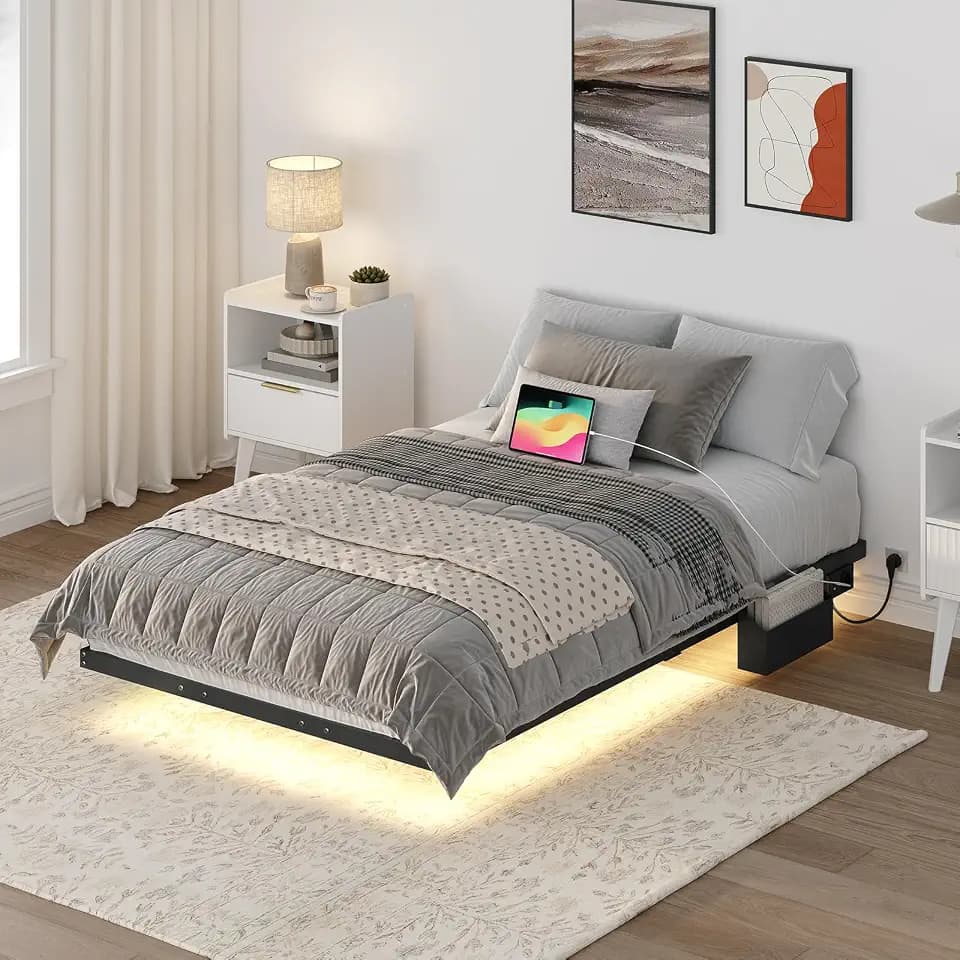 MAHANCRIS Bettgestell 90 x 200 cm, Bettrahmen mit Ladestation und LED-Streifen, Bettgestell aus Metall, Schwebender Bettrahmen, Doppelbett, Einzelbett,für Schlafzimmer Gästezimme, Schwarz ABFBK536UE01