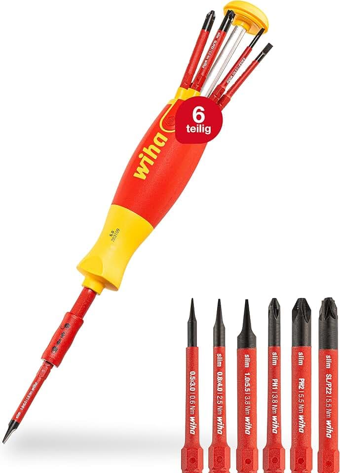 Wiha Schraubendreher Set LiftUp electric 6-tlg. mit verstaubarem Bit Set (38611) I Schraubenzieher Satz mit Bit Magazin aus slimBits für Elektriker, Bithalter, Schlitz/ Kreuzschlitz/ Plusminus