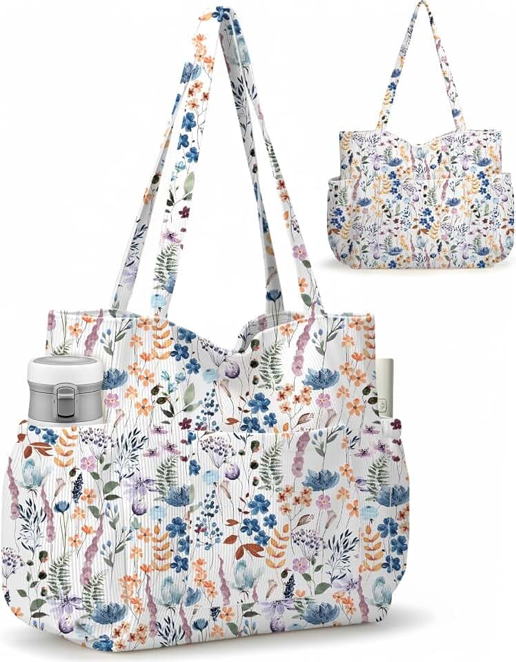 Corduroy Tote Bag for Women,Large Capacity Cute Tote Bags With 6 Pockets,Crossbody Shoulder Handbag for Work Travel Gym