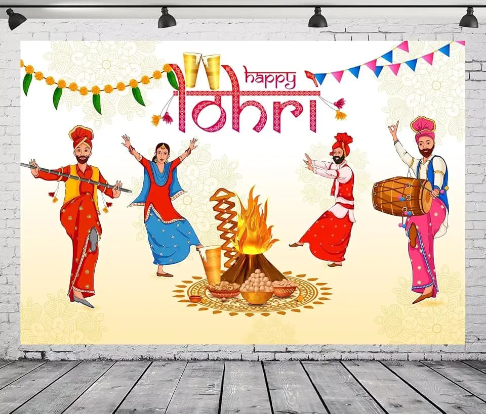 10x8ft Fabric Happy Lohri Festival Backdrop Cartoon Indian People Punjabi Religious Holiday Background for Harvesting Festival Party Decorations Banner Kids Adults Photo Props