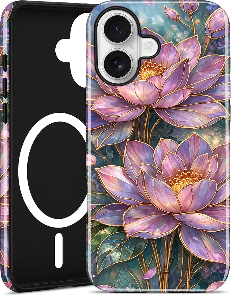Jusy Magnetic Stained Glass Floral Case for iPhone 16 Plus, Lotus
