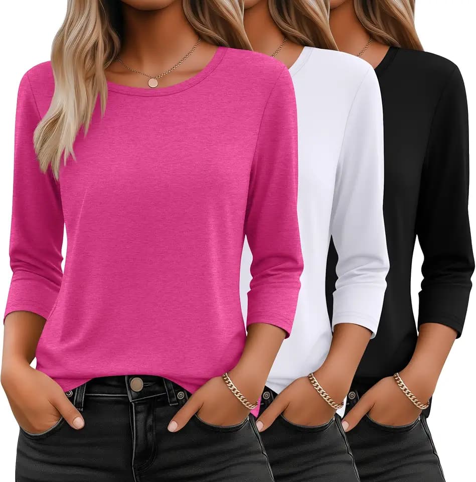 Ficerd 3 Pack 3/4 Sleeve Tops for Women Basics Crewneck T Shirts