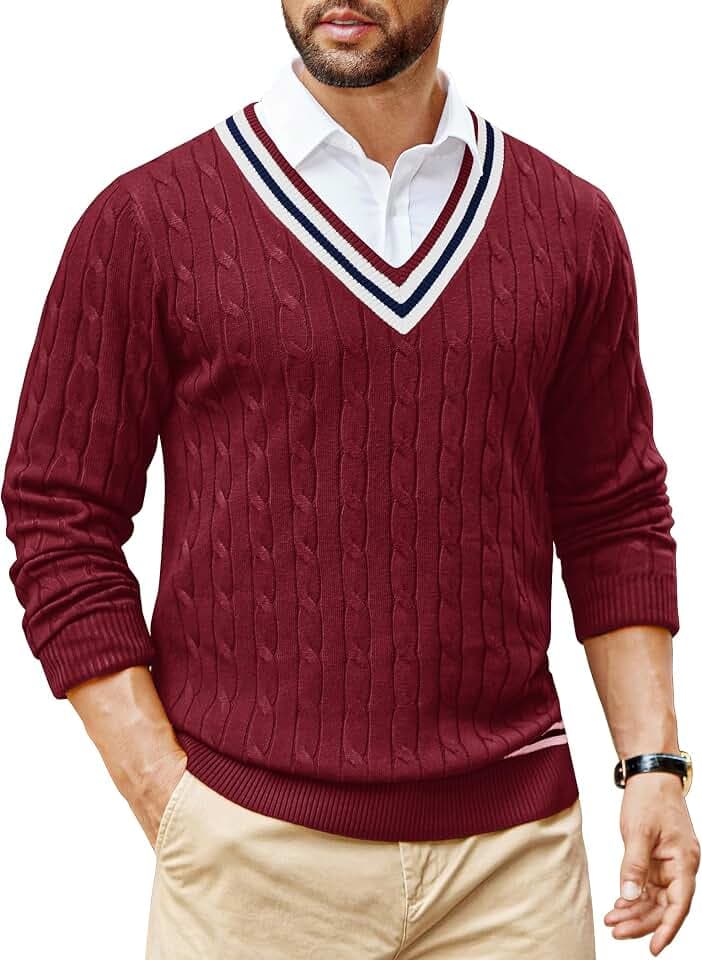 COOFANDY Mens V Neck Sweater Long Sleeve Cable Knit Sweater Fall Winter Pullover Slim Fit Stretchy Fabric Preppy Style
