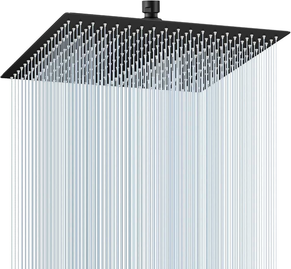 40x40CM Duschkopf Regendusche Schwarz Groß, 304 Edelstahl Wasserfall Duschkopf Wassersparend, Mit 324 Anti Kalk Düsen, 360° Verstellbarer 16 Zoll Regenduschkopf Eckig