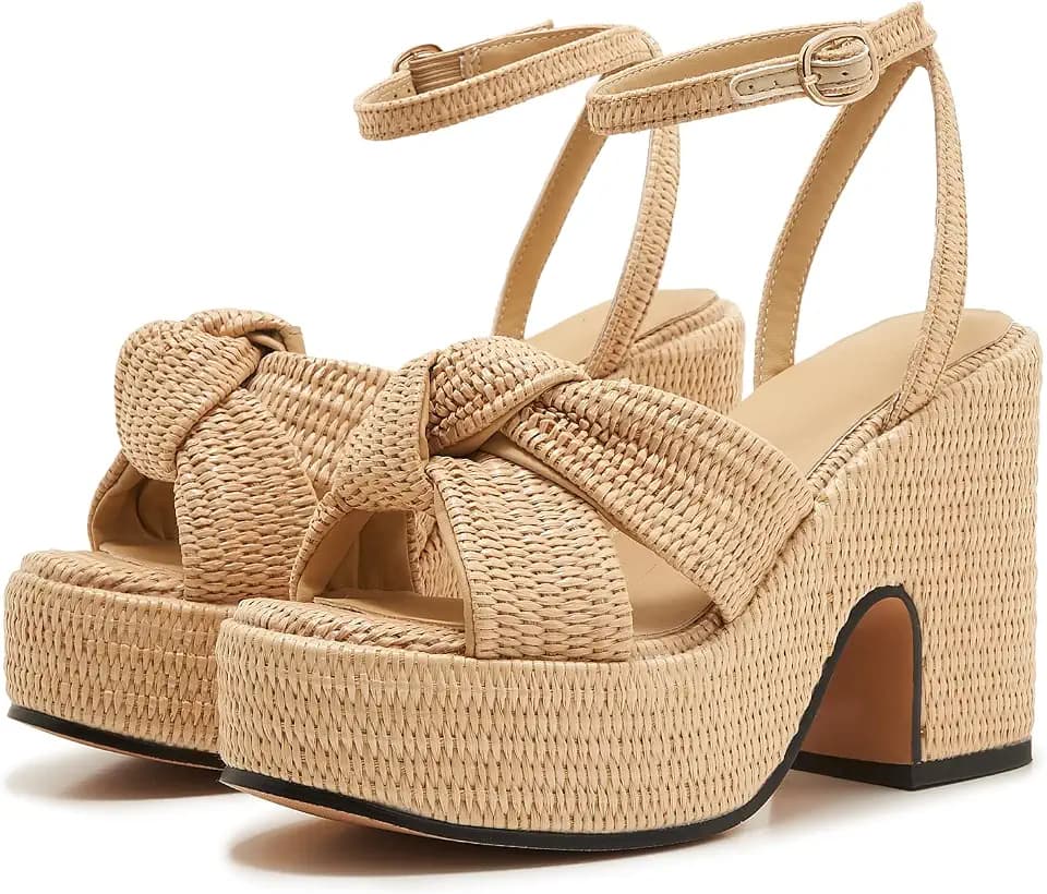 Platform Sandals for Women, Raffia Woven Summer Shoes with Chunky Sole