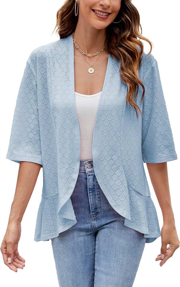 Famulily Damen-Strickjacke, 3/4-Ärmel, leicht, Sommer, hohl, gestrickt, gehäkelt, vorne offen, Rüschen
