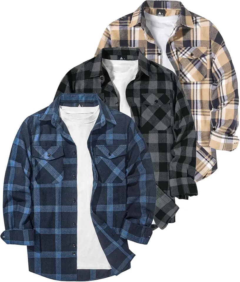 GEEK LIGHTING 3 Pack Flannel Shirt for Men Western Shirts Casual Button Down Shirt Long Sleeve Plaid Shirts with 2 Pockets