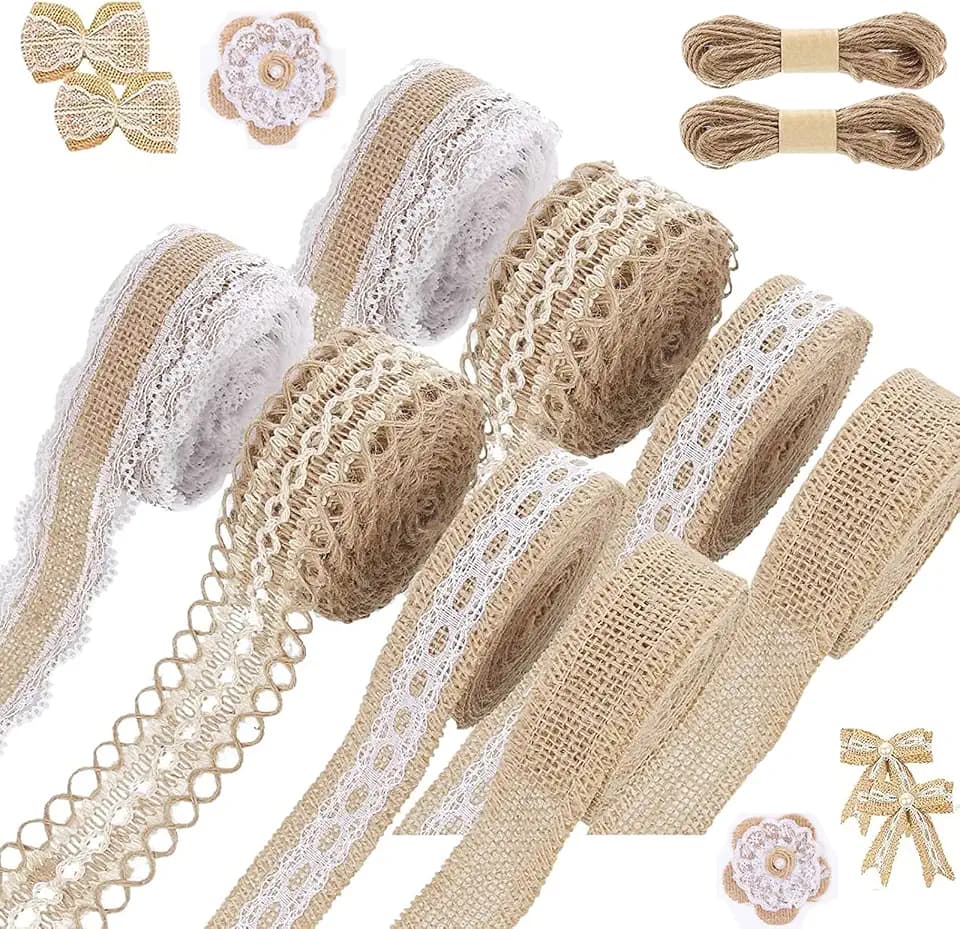 8 Rollen Juteband mit Spitze, 2 Stück 20 M Juteseil, Geschenkband Jute