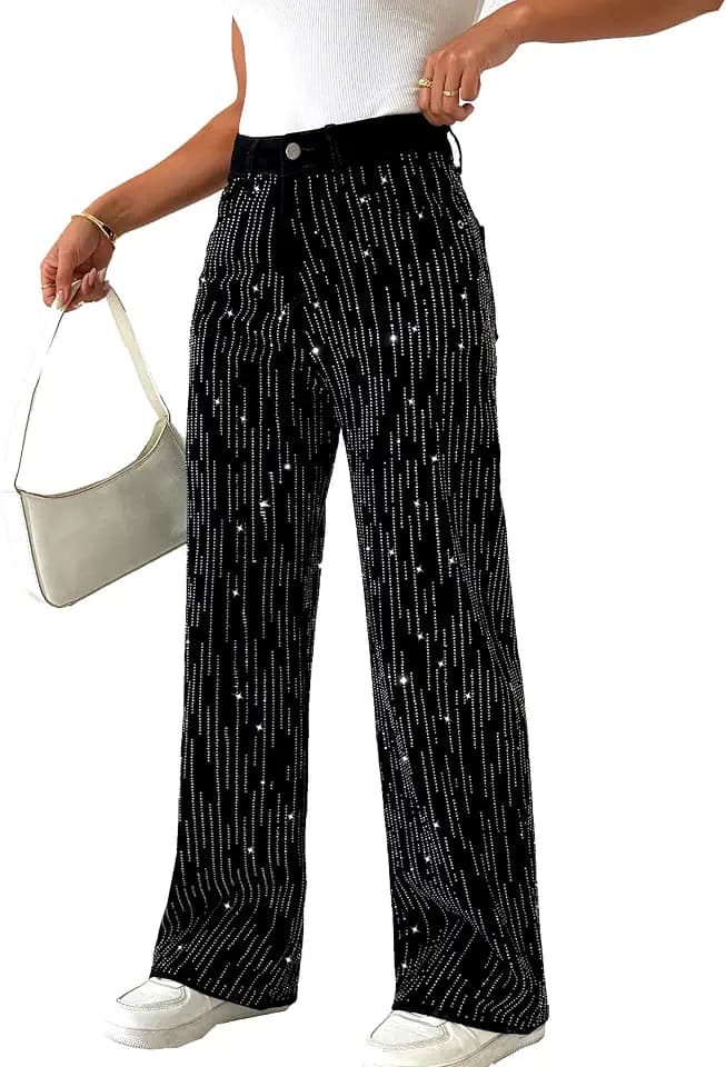 heipeiwa Women's Rhinestone Jeans Wide Leg Denim Pants High Waist Sparkle Shiny Glitter Sequin Trouser Outfit