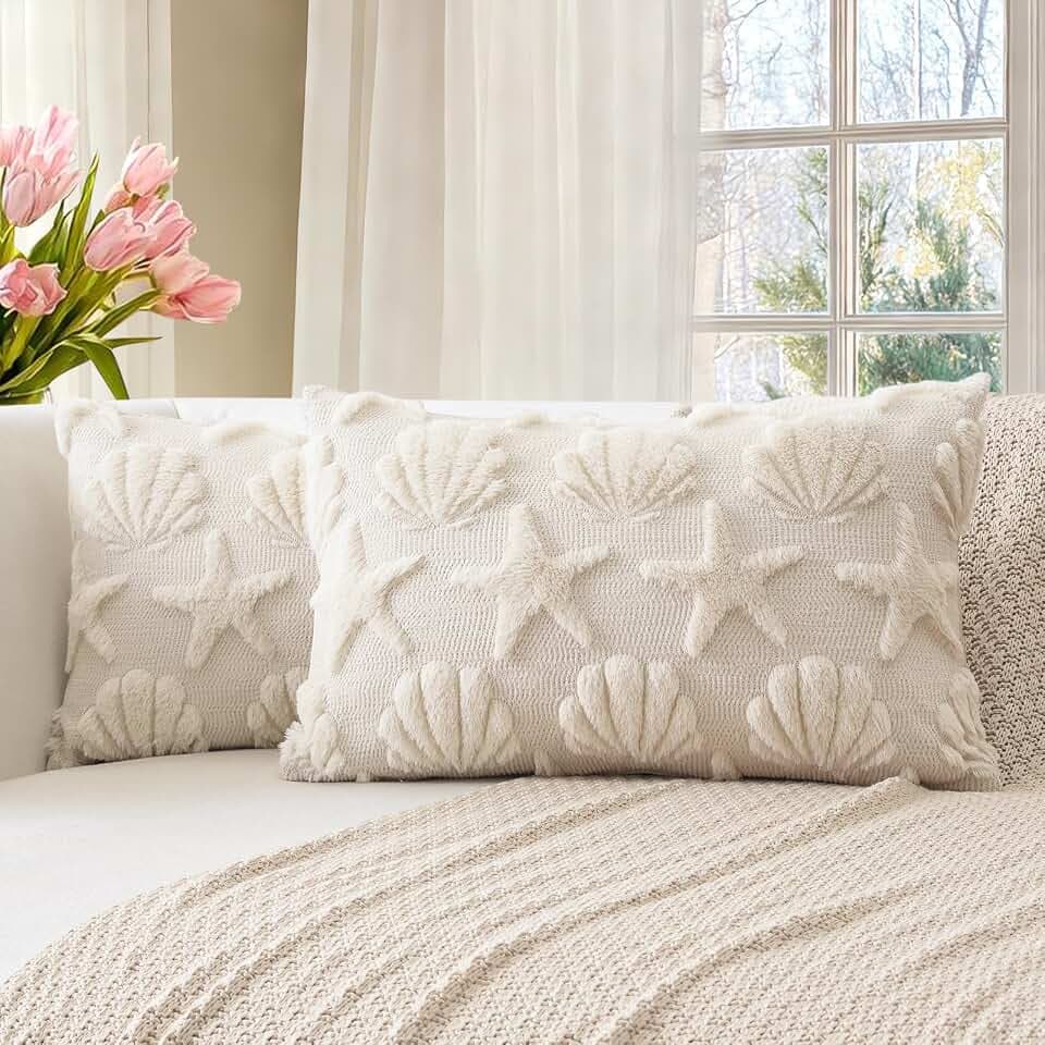 Artscope 2er Set Wolle Frühjahr Sommer Kissenbezüge Weicher Plüsch Kurzer Wollsamt Dekokissenbezüge Seestern Muscheln Kissenhülle Urlaub Sofakissen für Sofa Schlafzimmer Creme Beige, 40x60cm
