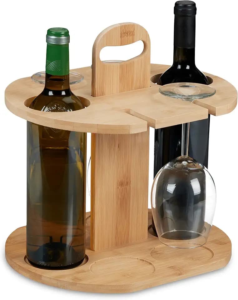 Relaxdays Weinbutler, Bambus, Weinhalter für 2 Flaschen & 4 Gläser, HBT: 30,5x30x25 cm, Geschenk Weinliebhaber, Natur