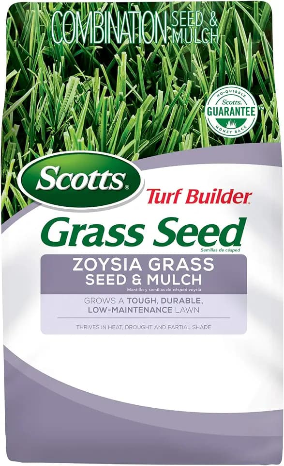Scotts Turf Builder Grass Seed Zoysia Grass Seed and Mulch, 5 lb. - Full Sun and Light Shade - Thrives in Heat & Drought - Grows a Tough, Durable, Low-Maintenance Lawn - Seeds up to 2,000 sq. ft.