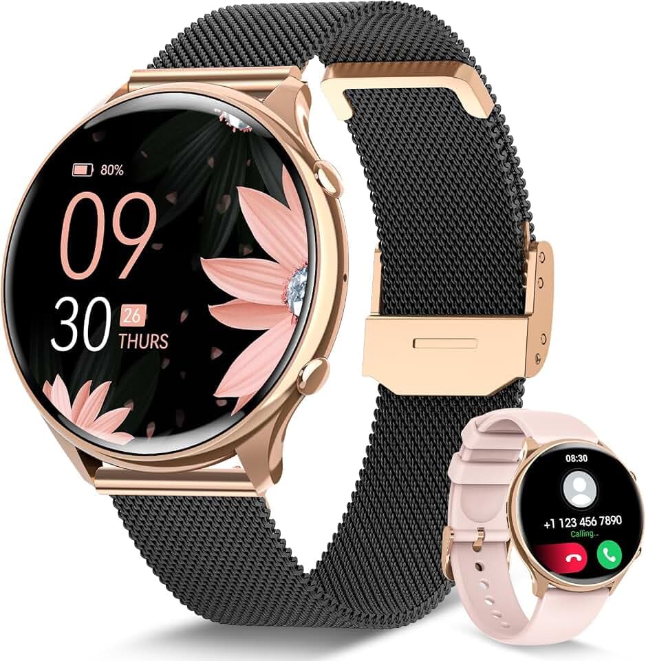 RUXINGX Smartwatch Damen mit Telefonfunktion, HD Voll Touchscreen, Fitness Tracker mit 120 Sport SpO2 Pulsuhr Schlafmonitor Menstruationszyklus, Armbanduhr für iOS Android Schwarz Roségold