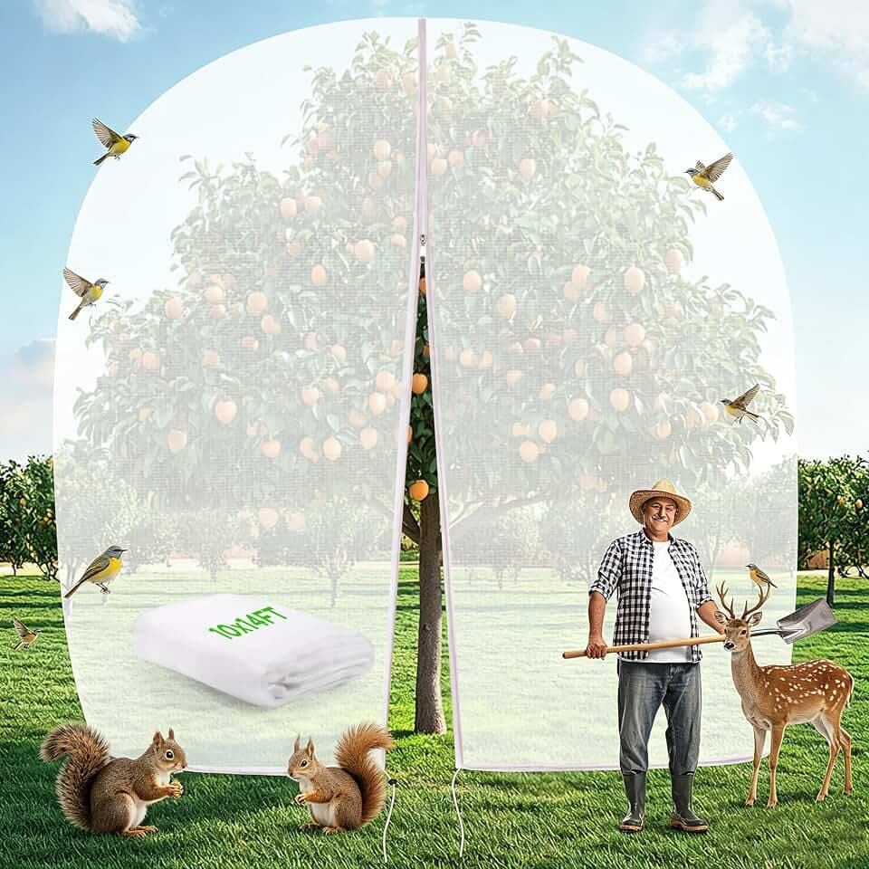 10 X 14FT Large Fruit Tree Netting for Protecting Fruit from Squirrels Birds Bug Pests, Tree Net for Fruit Trees with Zipper and Drawstring Bird Netting Covers for Blueberry Cherry Peach Apple Bushes