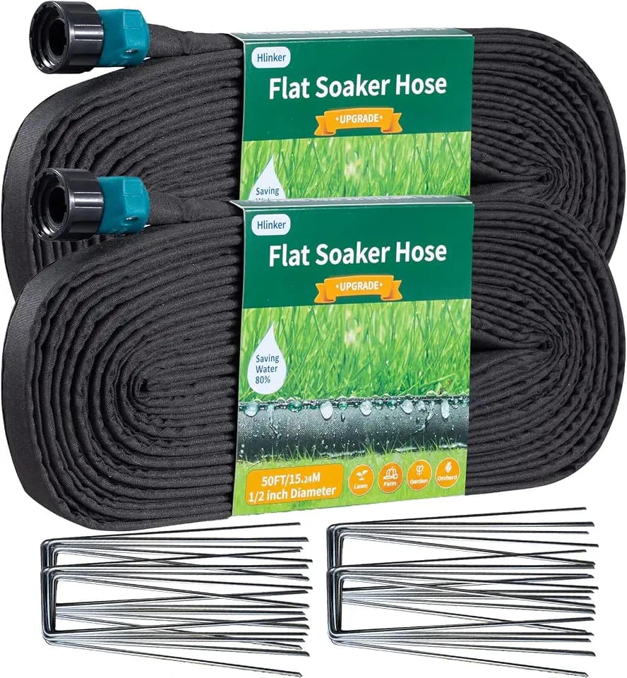 Hlinker 2026 Flat Soaker Hose 100 ft (50ft 2Packs) with Stake for Garden, Linkable Drip Hose Diy Automates Garden Irrigation System Saving 88% Water, Dual-layer Leak-free Design Water Hose with Holes