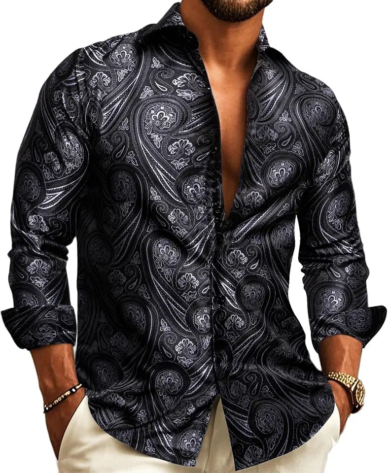 Barry.Wang Men's Paisley Shirt Bequemer Schnitt für große und große Männer Seide Jacquard Business Hochzeit Freizeithemd für Männer