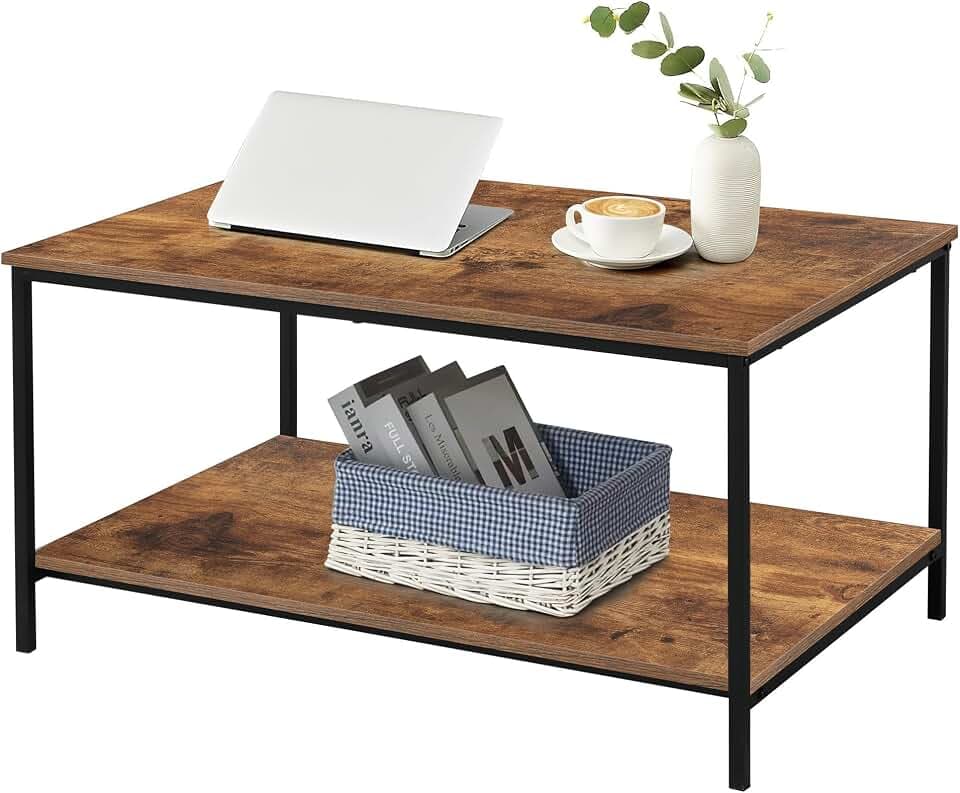 SENIG Small Brown Rectangle Coffee Table with Storage Shelf for Living Room