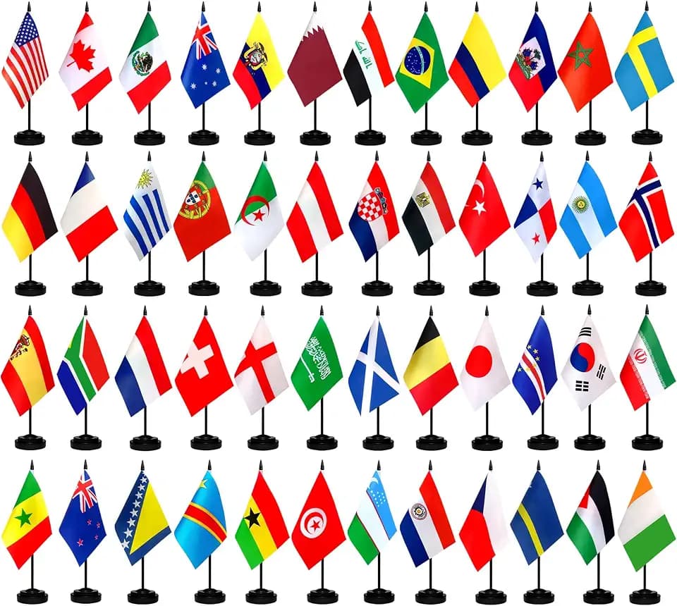 TSMD 2026 Soccer World Cup Desk Flags Decorations All 48 Countries Small Mini Office Table Stick Flag with Stand Base,5x8 Inch