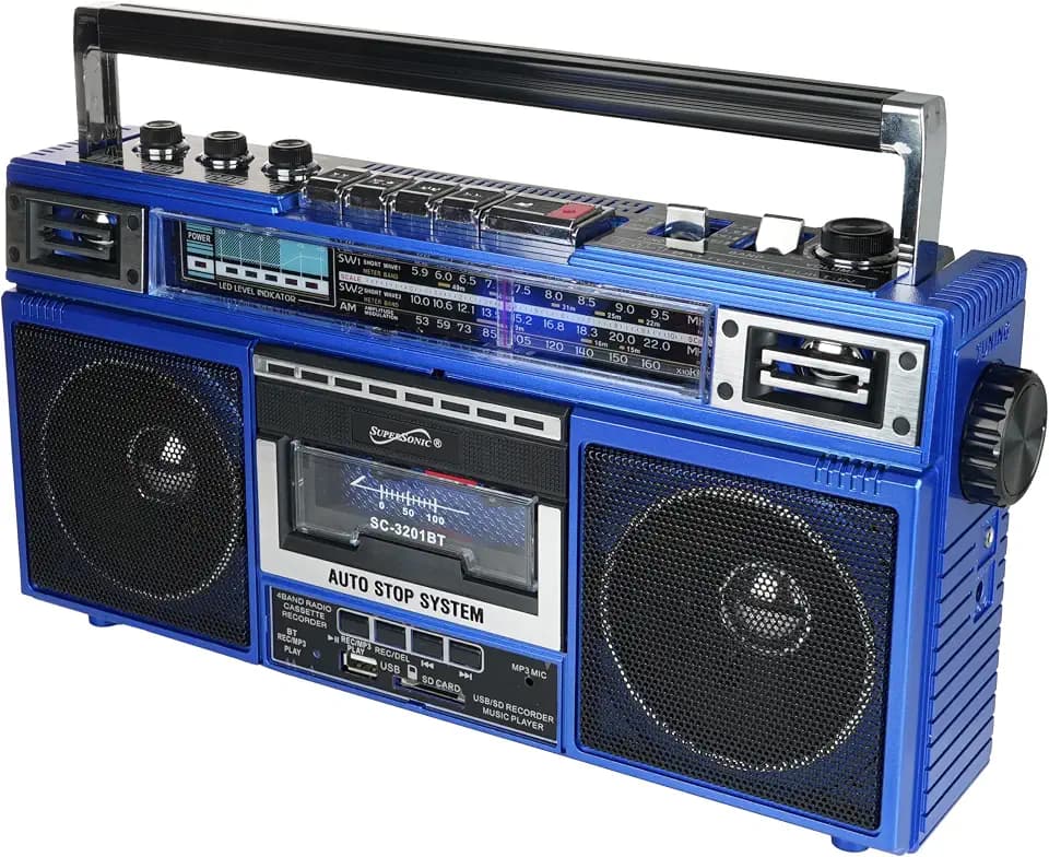 Supersonic SC-3201BT 4 Band Radio & Cassette Player Boombox, Bluetooth Speaker, AM/FM/SW Radio with MP3 Playback, USB & SD Card, 3 Band EQ and Earphone Jack. (Blue)