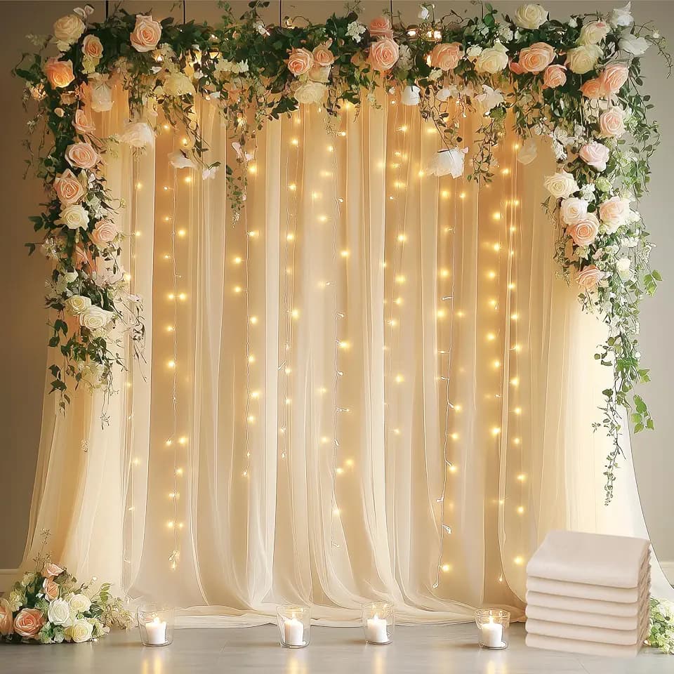 Tulle Backdrop Curtains with Lights Sheer Champagne Curtain Backdrop 30x8ft