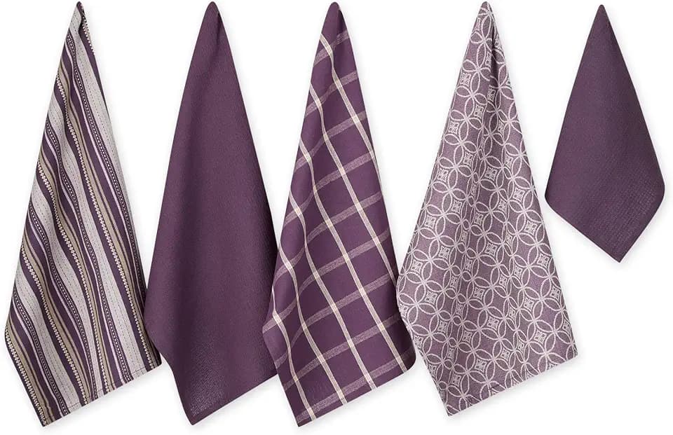 DII Assorted Woven Kitchen Set, Dishtowel, 18x28, Dishcloth, 13x13, Eggplant, 5 Piece
