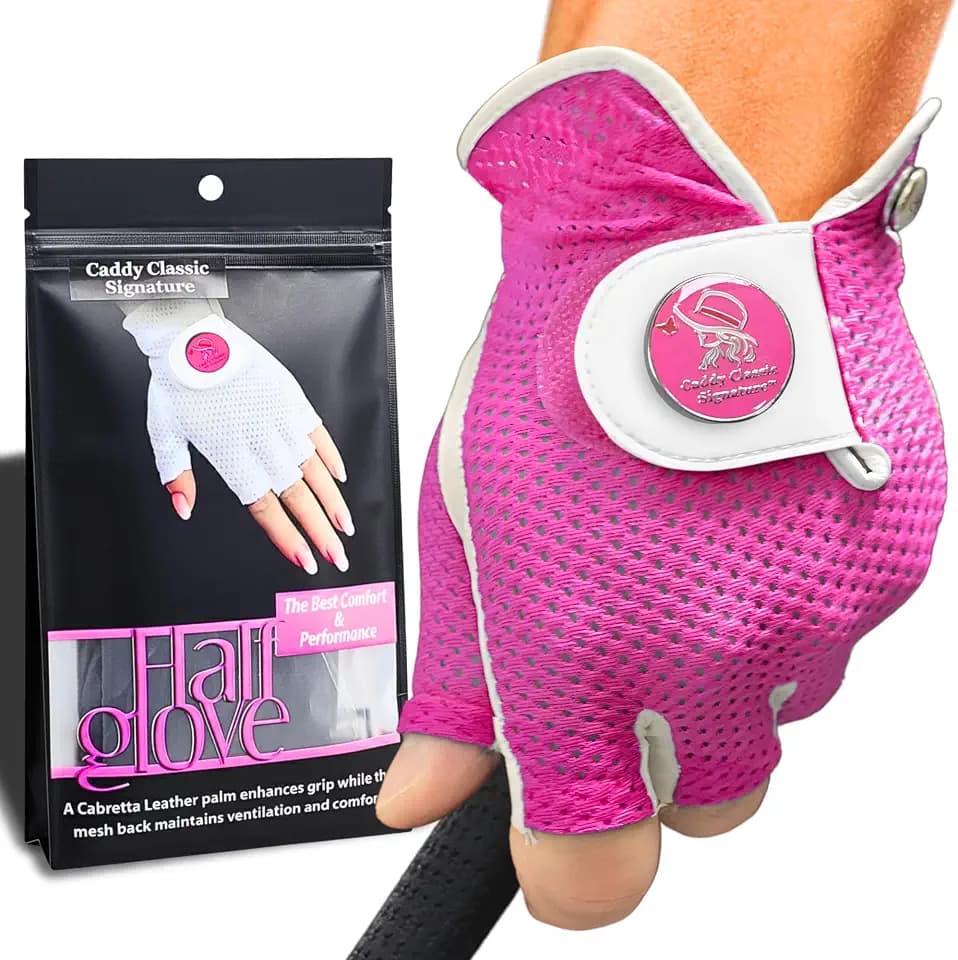 Caddy Classic Ladies Golf Glove Women | Half Finger Mesh Design for High Breathability | Premium Leather uction for Comfortable Fit | Includes Stylish Ball Marker