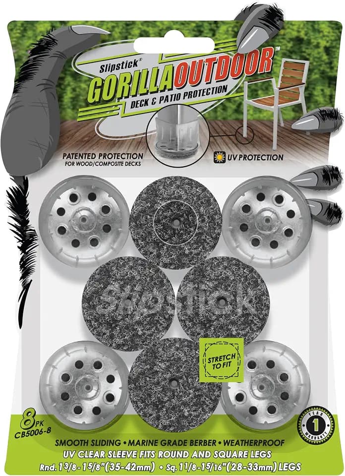 Slipstick GorillaOutdoor Berber Furniture Feet Pads with Clear Sleeve Sock (8 Pack) Outdoor Furniture Sliders for Round & Square Legs, Large