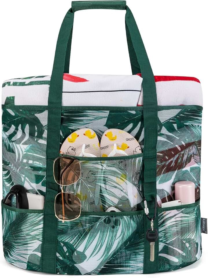 KABAQOO Mesh Beach Bag, Extra Large Beach Bags with 9 Pockets & Zipper Waterproof Lightweight Beach Tote for Beach/Pool Trip