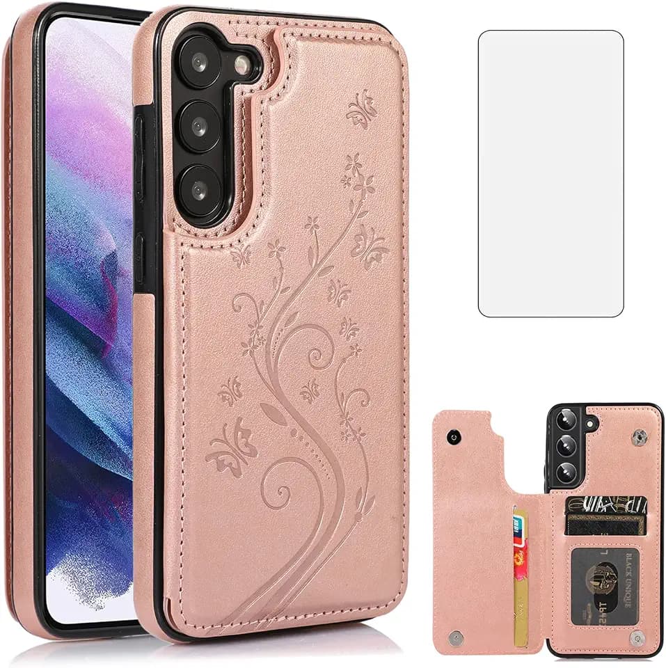 Asuwish Case for Samsung Galaxy S23 Plus /S23+ 5G 6.6" with Tempered Glass Screen Protector， Flip Wallet Cases Leather Stand with Card Holder，Double Magnetic Clasp Durable Shockproof Cover (Rose Gold)