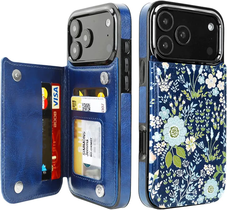 uCOLOR for iPhone 17/18 Pro Max Wallet Case with Card Holder, Blue Daisy