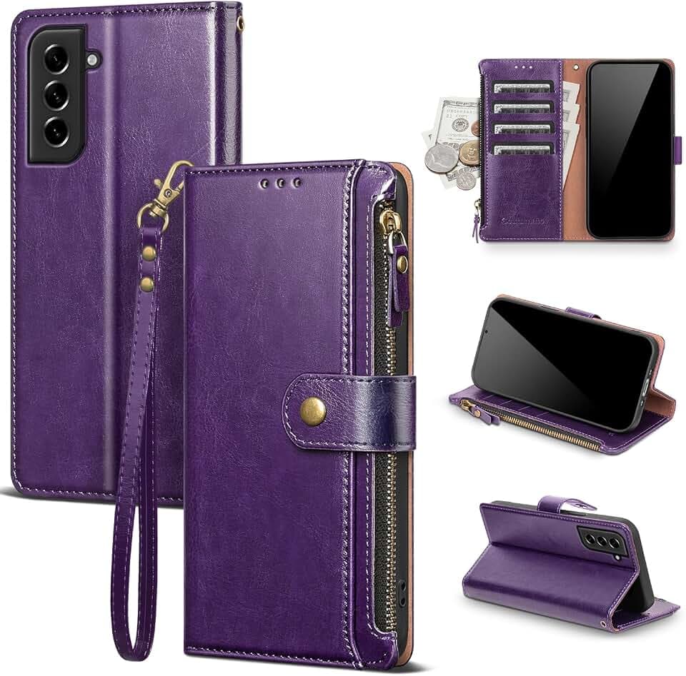 Compatible with Samsung Galaxy S22 Wallet Case with Card Holder RFID Blocking Zipper Poket PU Leather Flip Cover Wrist Strap Credit Card Slots Men Women,Phone Case for S22 6.1",Dark Purple