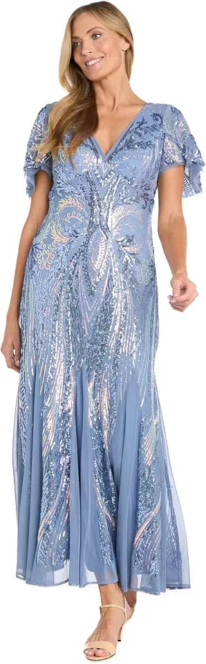 R&M Richards Women's Elegant Long Contrast Beaded V-Neck Gown W/Sheer Flutter Sleeves & Mesh Godet Insets