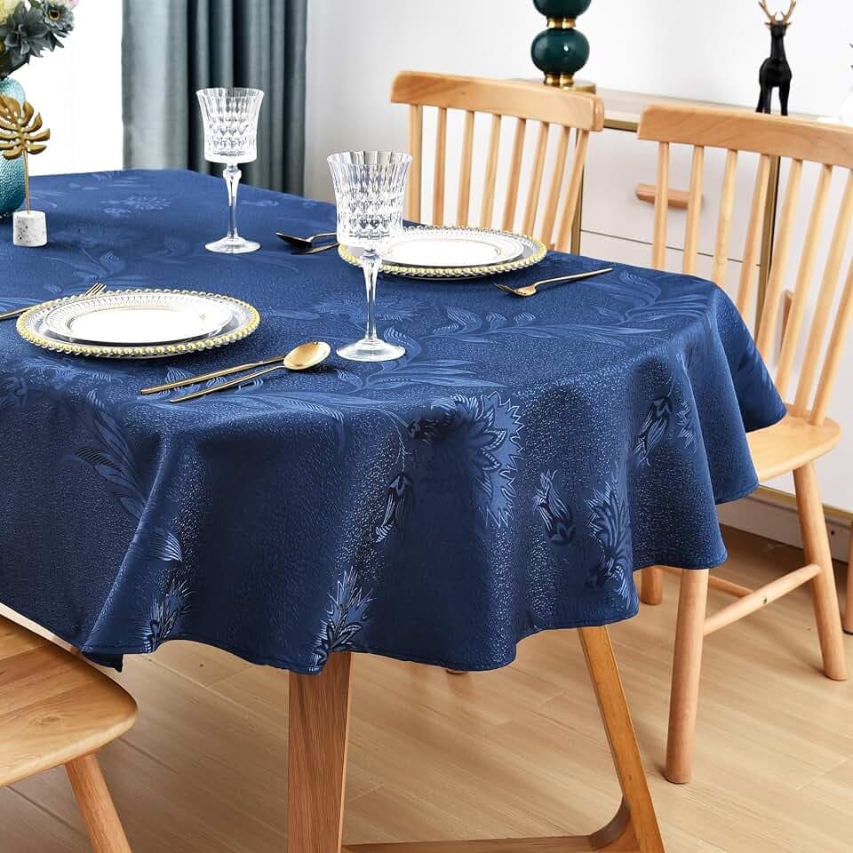 Wolkemer Shiny Oval Jacquard Tablecloth 60 x 102 Inch Navy Blue