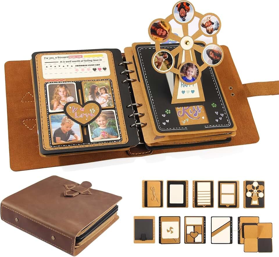 Handmade Genuine Leather Scrapbook Photo Album – DIY 3D Interactive Memory Book for Wedding, Baby, Family Photos (Travel, Anniversary, Birthday Gift)- Brown