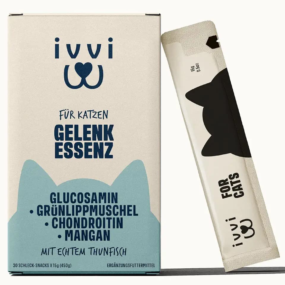 ivvi Gelenk Essenz für Katzen – Schlecksnack mit Glucosamin, Chondroitin, Grünlippmuschel & Lachsöl – zur Unterstützung der Gelenke – 30x15g – mit echtem Thunfisch