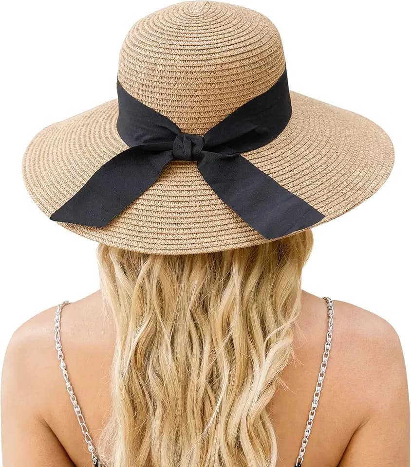 Beach Hat for Women, Wide Brim Sun Straw, UPF 50+ Foldable Floppy Sun Hat