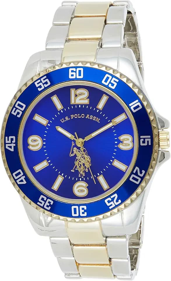 U.S. Polo Assn. Men's Two-Tone Watch with Royal Blue Dial and Fold-Over Clasp – Gold and Silver Metal Bracelet Quartz Analog Timepiece Fits Wrists 5.5"-8" with 45mm Case