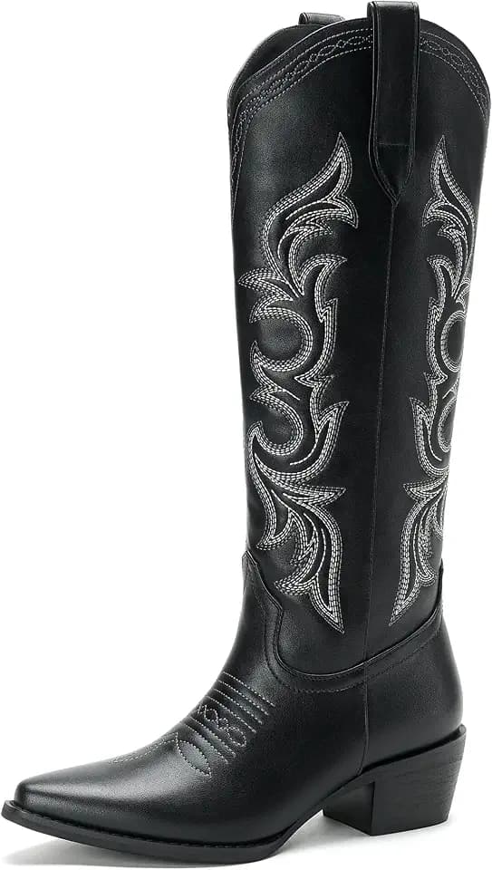 Cozivwaiy Cowboy Boots for Women Embroidered Knee High Boots 1.96 Inch Heels Western Cowgirl Boot for Country Concert Pull on Pu Leather Tall Boot Zipper Chunky Pointed
