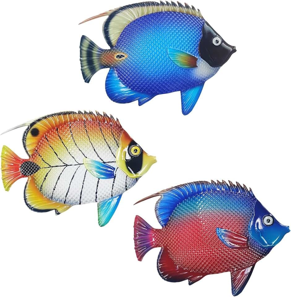 Metal Fish Sea Wall Decor Outdoor Garden Hanging Art Sculptures Home Ocean Theme Decorations for Kitchen Bathroom and Pool - 3 PCS