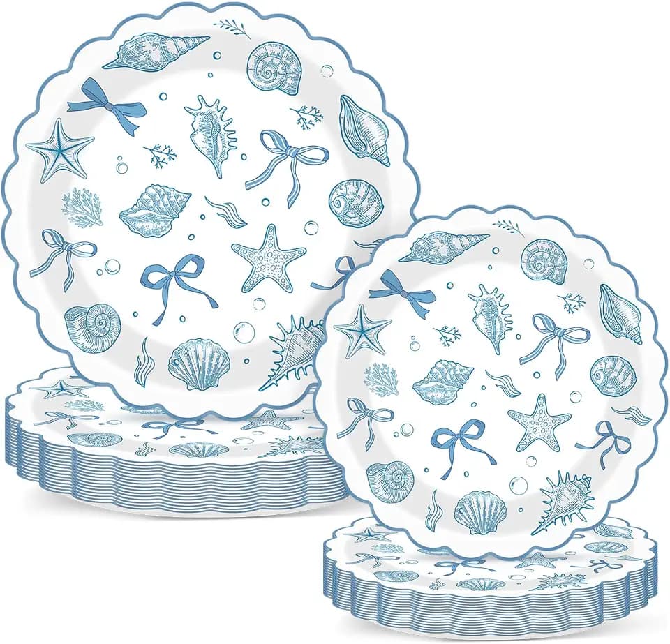 48pcs Scalloped Coastal Party Plates Ocean Theme Party Decorations Tropical Blue Bow Starfish Seashell Tableware Blue Bachelorette Decoration for Summer Beach Wedding Bridal Shower Birthday Supplies