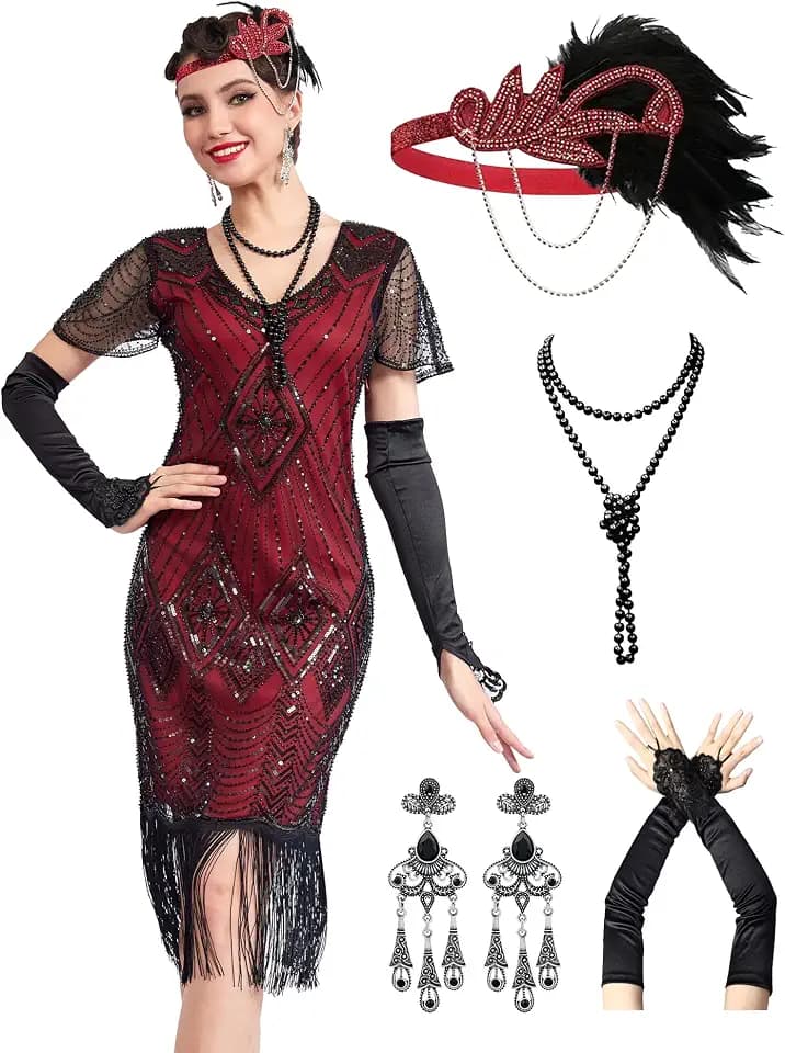 MTITE 1920s Dresses for Women, Great Gatsby Dresses Roaring 20s for women, Sheer Beaded Sleeves Costume with accessories