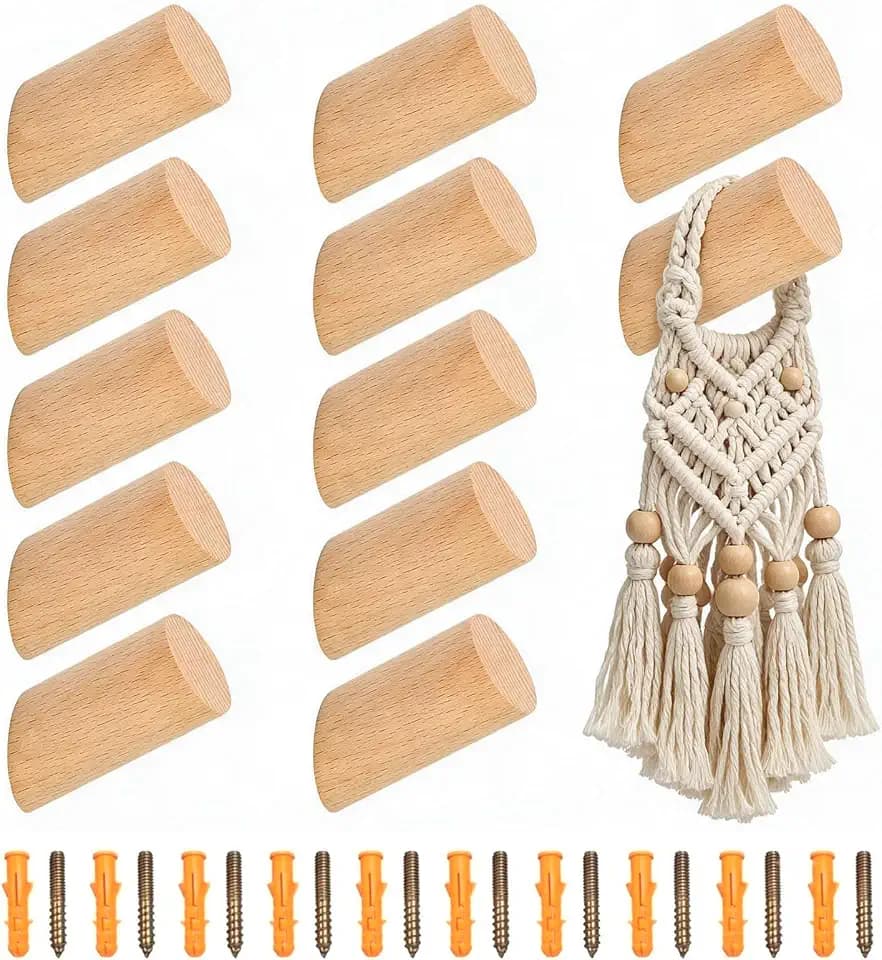 12 Stück Wandhaken Holz Rund, Kleiderhaken Holz, Dekorative Garderobenhaken