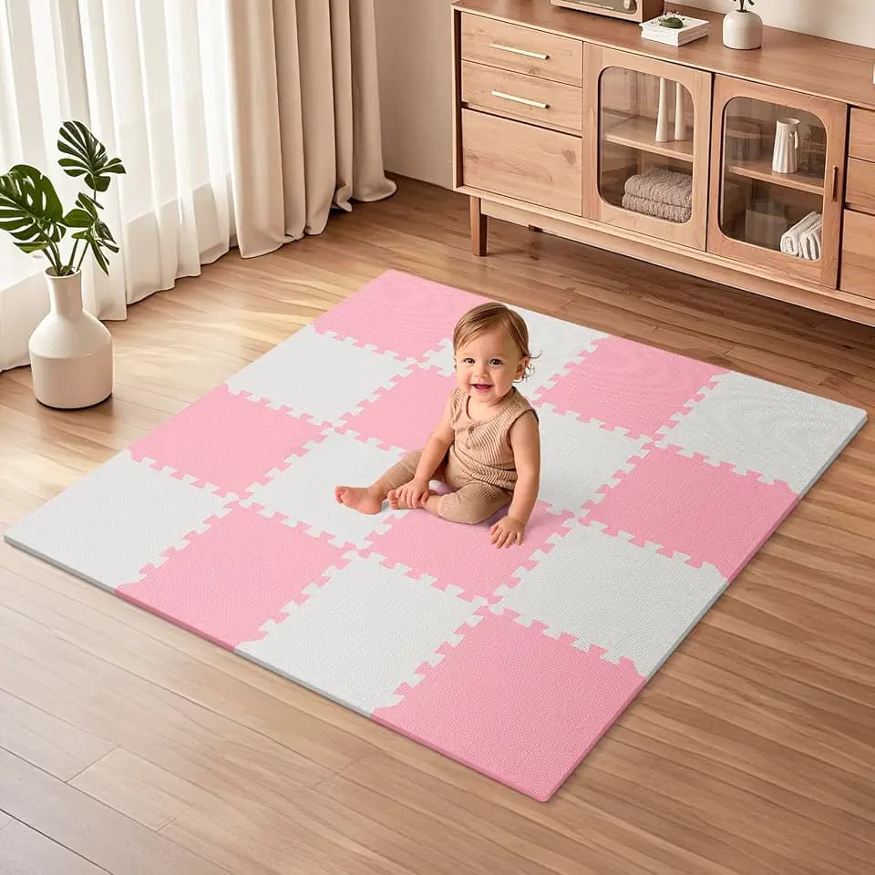 16 Tiles Baby Play Mat for Floor, EVA Foam Baby Floor Play Mat with 0.6 Inch Thick Interlocking Foam Tiles, Foam Floor Tiles for Baby, Toddlers and Kids (Pink-White, 16PCS)