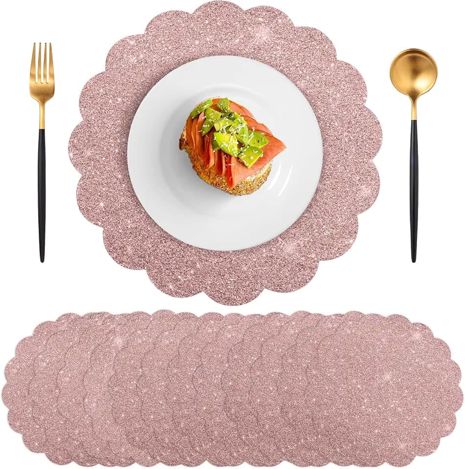 60Pcs Rose Pink Glitter Paper Placemats, Disposable Scalloped Placemat