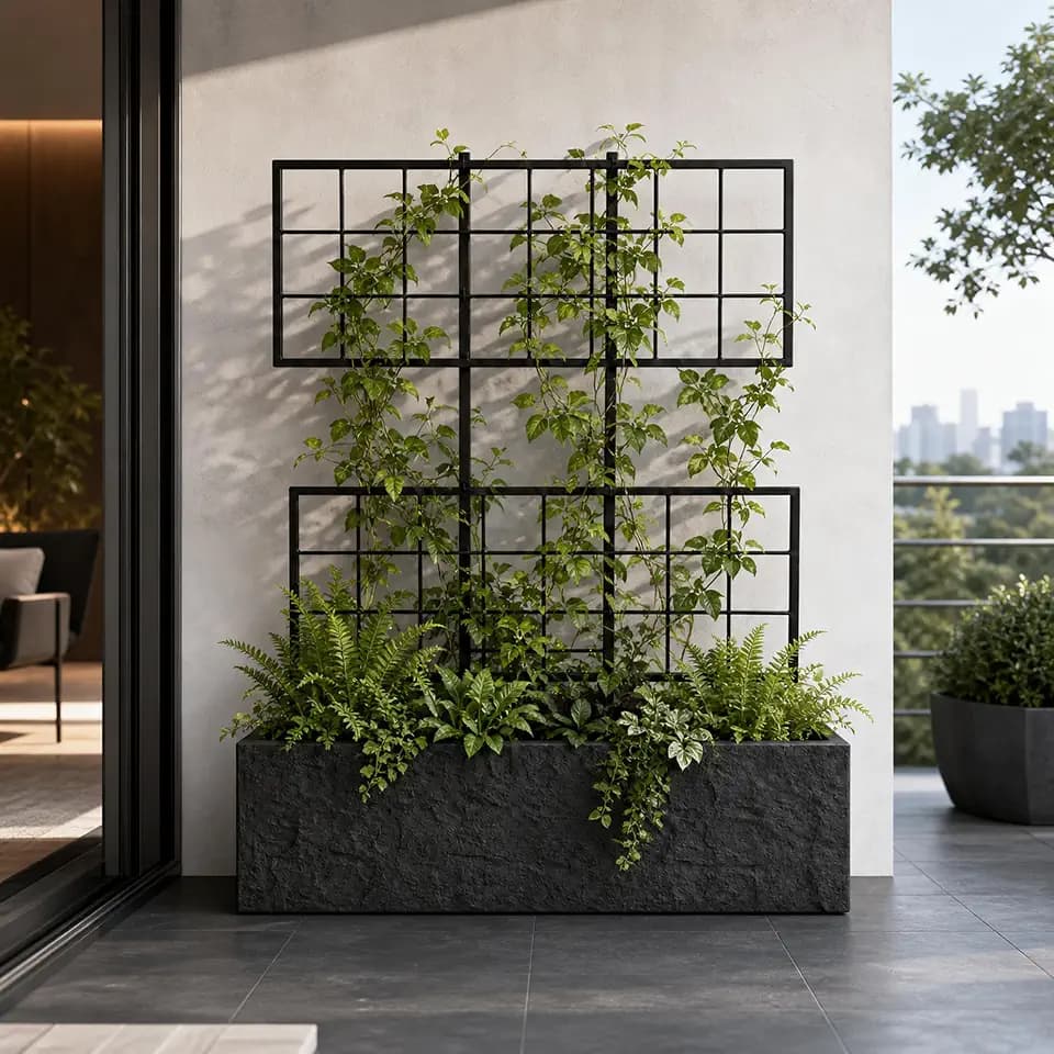 Rock Texture Rectangular Polystone Planter with Steel Trellis, Black