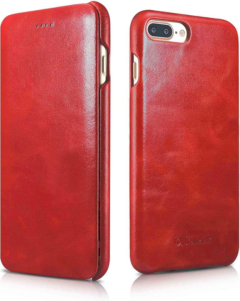 ICARER Tasche passend für Apple iPhone 8 Plus und iPhone 7 Plus (5.5 Zoll), Case mit Echt-Leder, Schutz-Hülle klappbar, Ultra-Slim Cover, Etui im Vintage Look, Rot
