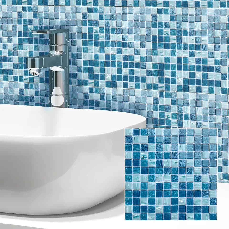 LSDECO 5 Sheets Glass Mosaic Tiles Backsplash, Pool Tiles, 12" x 12" Kitchen Backsplash Tile, Glass Tiles for Bathroom Border Shower Wall (5 Sq.Ft Azure)